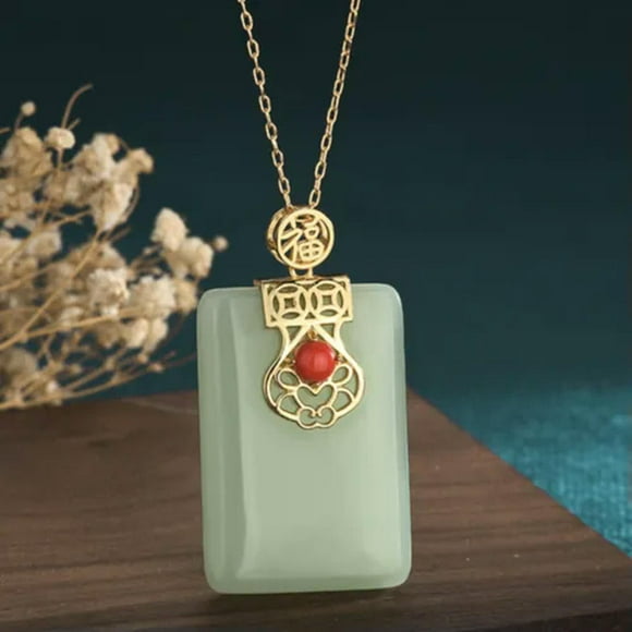 HOOUN Fashion Green Jade Jewelry Charm Pendant with Chain Necklace Gold Plated