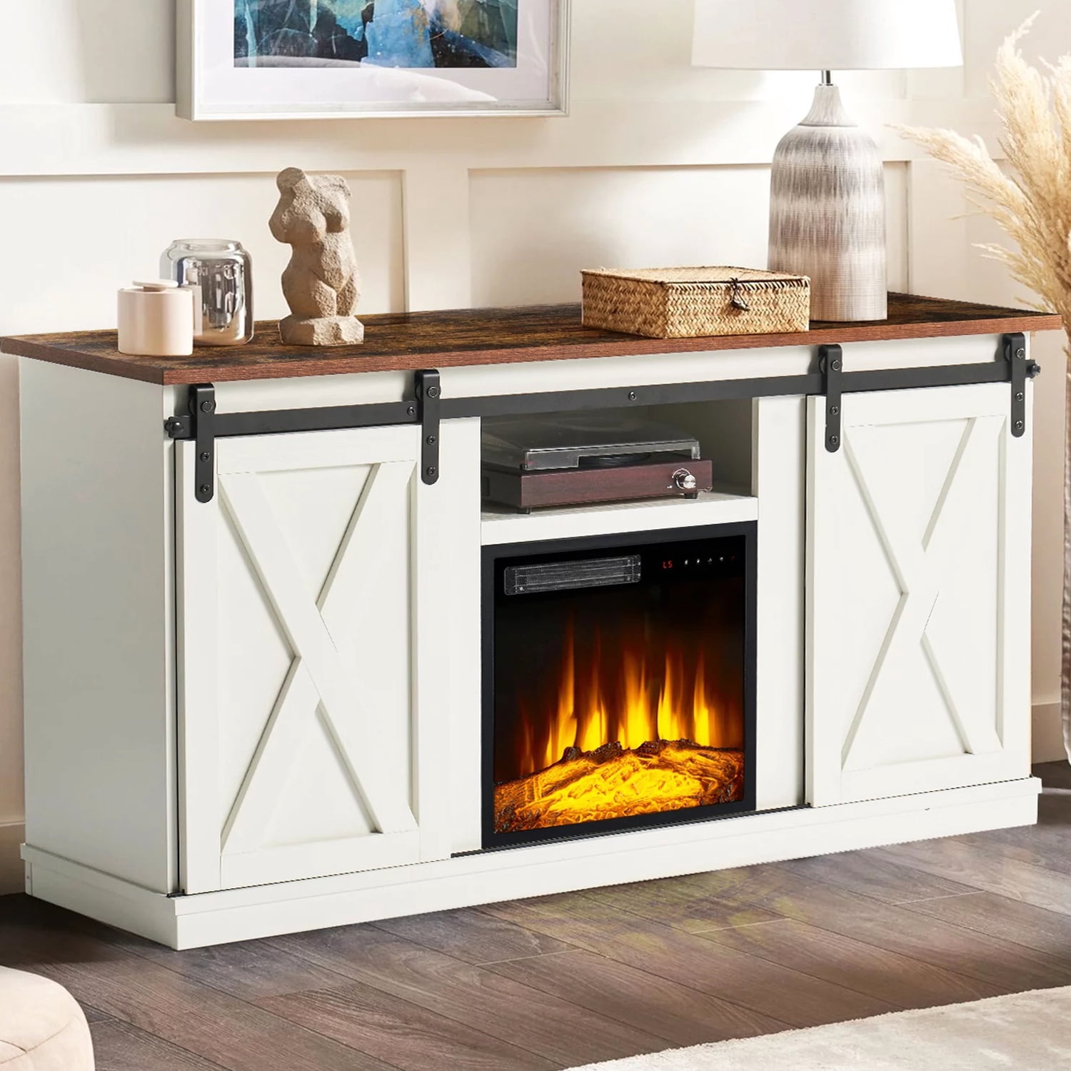Oneinmil Fireplace TV Stand, Farmhouse Fireplace TV Stand for TVs up to ...