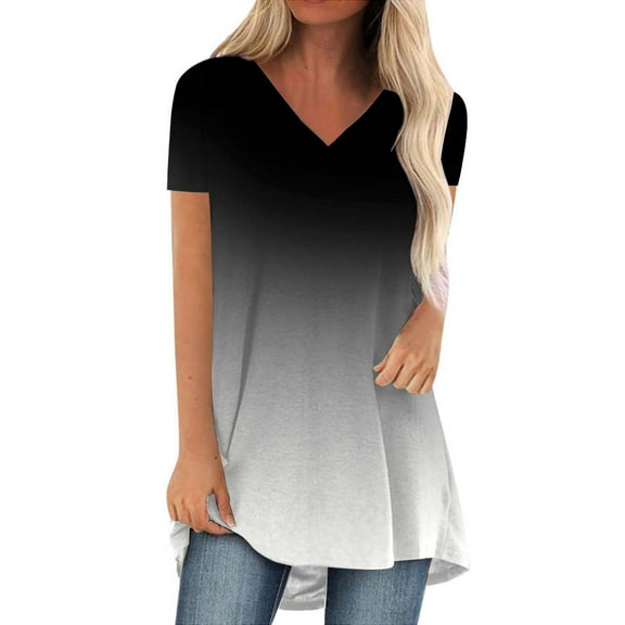 Spring Tops for Women Casual V Neck Fashion Top Gradient Color Short Sleeve Blouse T Shirts for Women Black L