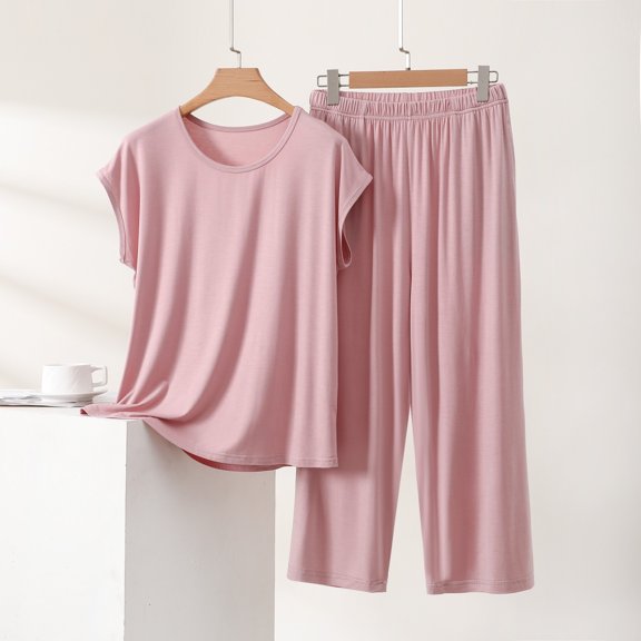 Blmnix Women's Sleepwear Bamboo Pajamas 2 Piece Pajama Set Sleepwear Sets Short Pajama Crew Neck Short Sleeve Pink Full Soft Pajama Set for Women,L