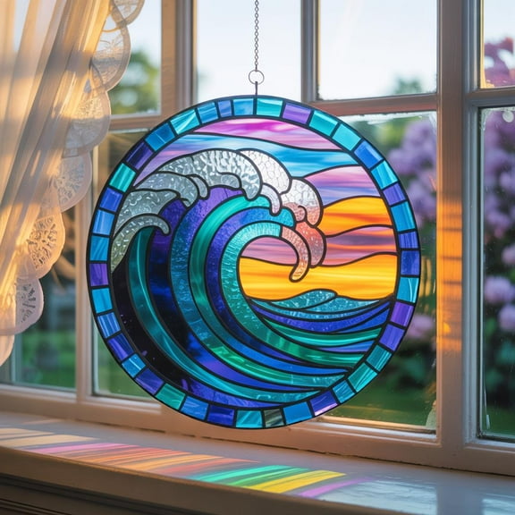 Ocean Wave Acrylic Suncatcher, Beach Sunset Window Hanging, Coastal Sun Catcher Ornament, Sea Wave Home Decor, Nautical Beach Lover Gift