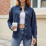 SwiftWear Cropped Washed Denim Jacket Shirt for Women with 2 Pockets – Relaxed Fit Button Down Trendy Short Shacket, Dark Blue