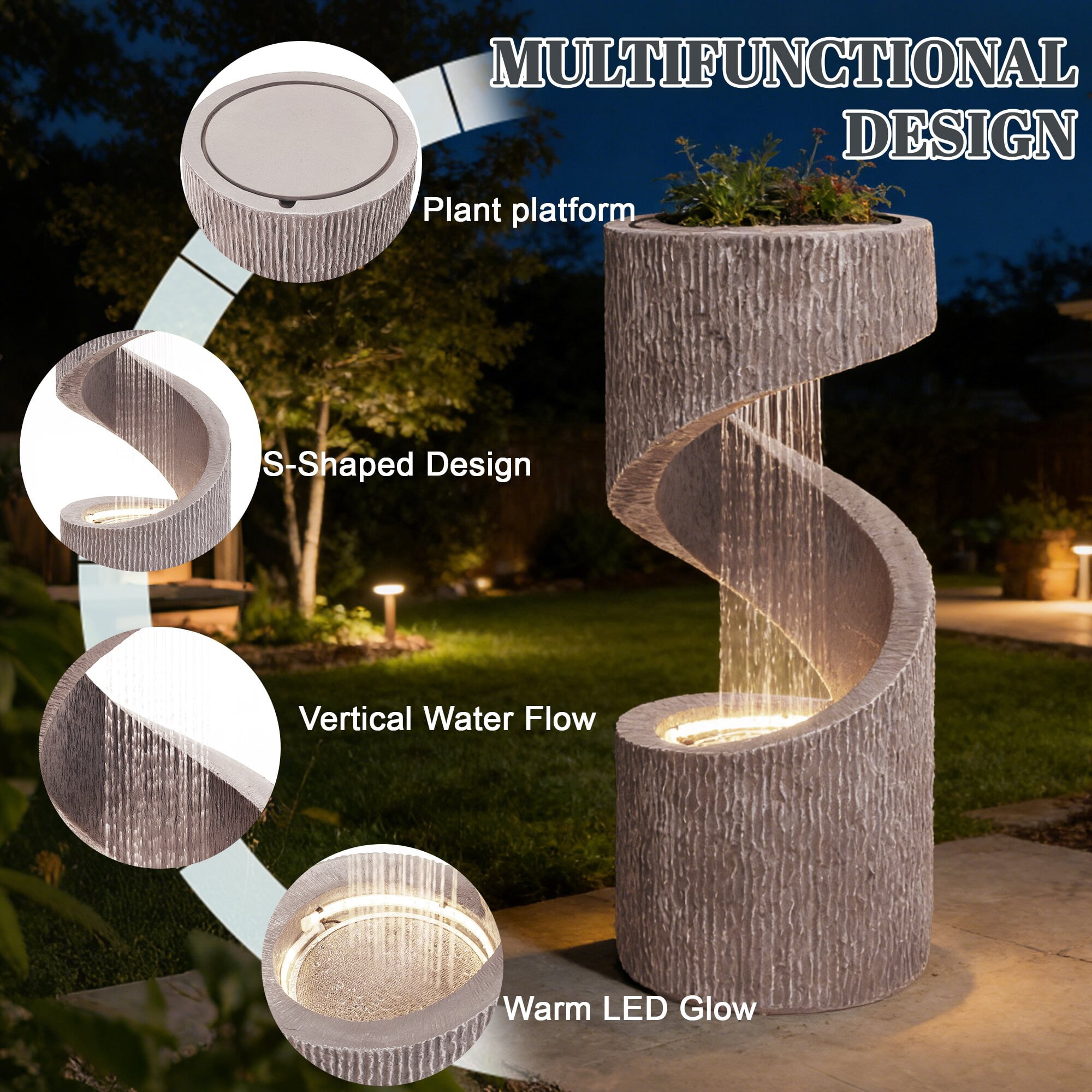 Kaluomm 32" Modern Spiral Column Outdoor Water Fountain with LED Light, Freestanding Resin Waterfall for Patio Garden Decor, Beige