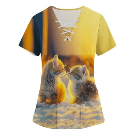 

QAZXD Womens Summer Tops Graphic Prints V-Neck Short Sleeve Scrub Tops with Two Pockets Blouse Gold M