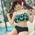 thumbnail image 2 of HAIKYUU Women Two Piece Anime Swimsuit Set Halter Lace Up Bathing Suit Green Black Plaid Swimwear Ruffle Bikini Set, S, 2 of 7