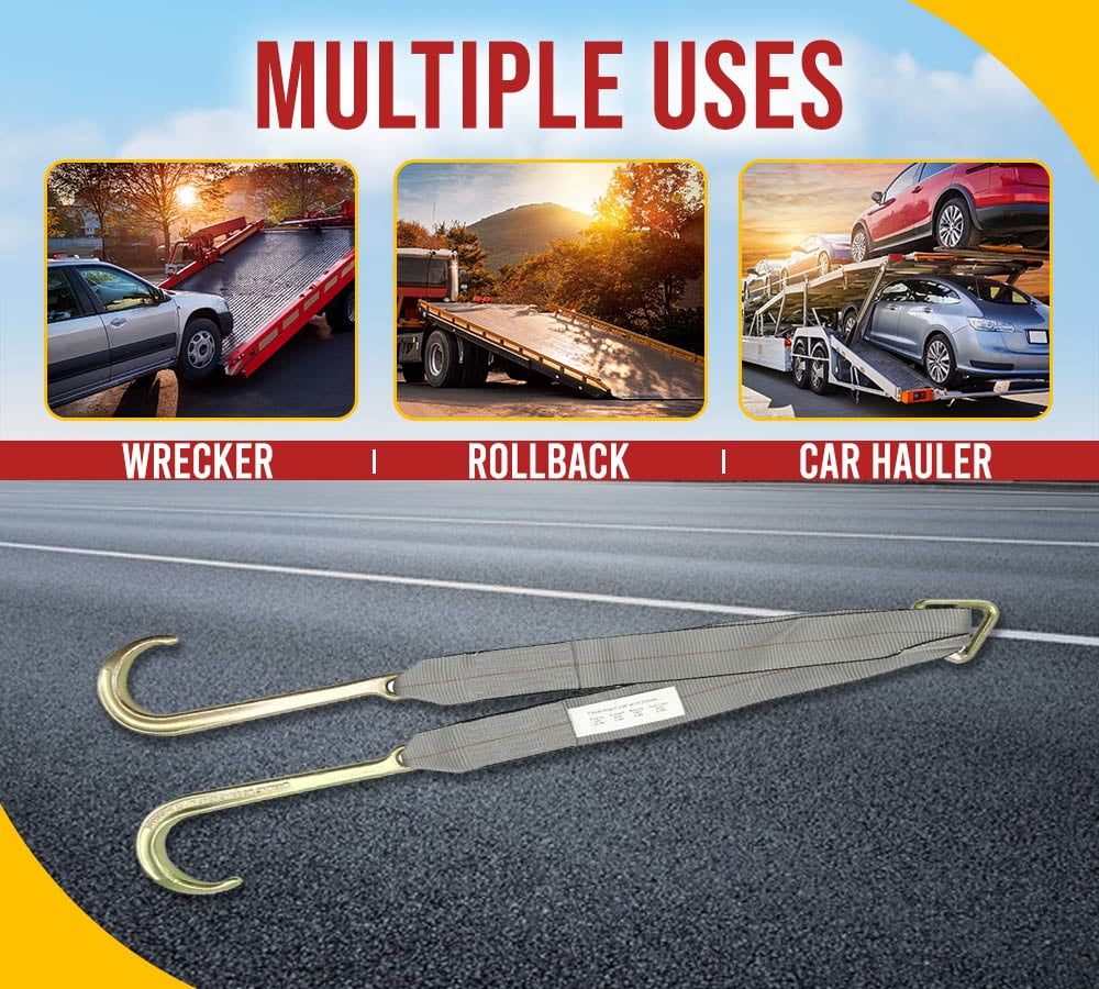 Tow Straps V Bridle 3" x 24" w/ 15" Long Shank J Hooks 5400 lbs Working Load | Recovery V Strap for Car Wrecker Rollback, Car Hauler Carrier