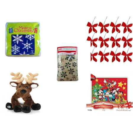 Christmas Fun Gift Bundle [5 Piece] - Make It .  Ornament Kit - Set of 12 Red Velvet White Trim Wire Bows -  Time  Wood Snowflakes Vinyl Tablecloth 60
