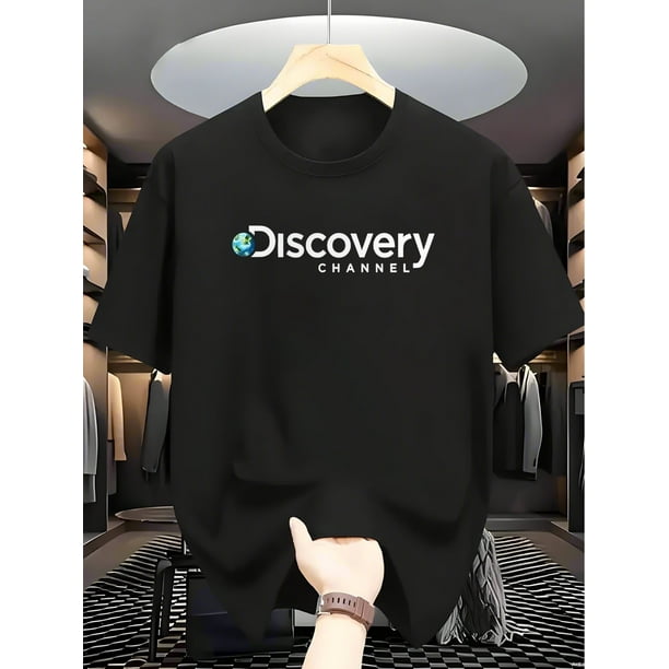 Discovery Channel Men's Casual Graphic Tee - Black Short Sleeve Crewneck with Earth Print, Lightweight Cotton Blend, Summer Essential for Casual Attire, Casual Sporty Tee, Comfy Tee