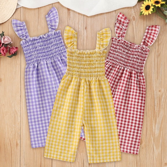 Girls Romper Girls Sleeveless Flutter Lattice Print Romper Jumpsuits Girls Jumpsuit Purple 6-12 Months