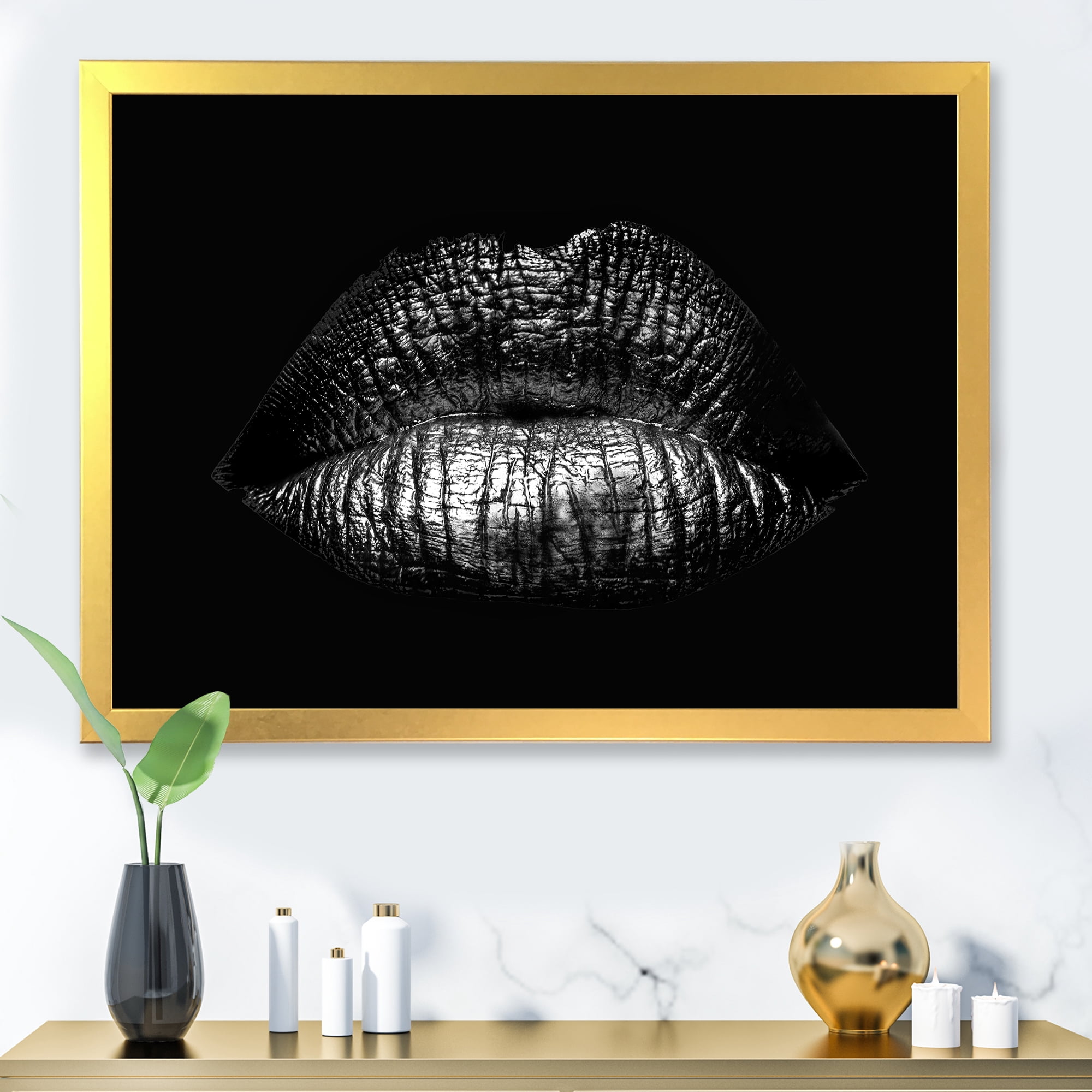 Designart 'Sexy Golden Metallized Woman Lips I' Modern Framed Art Print