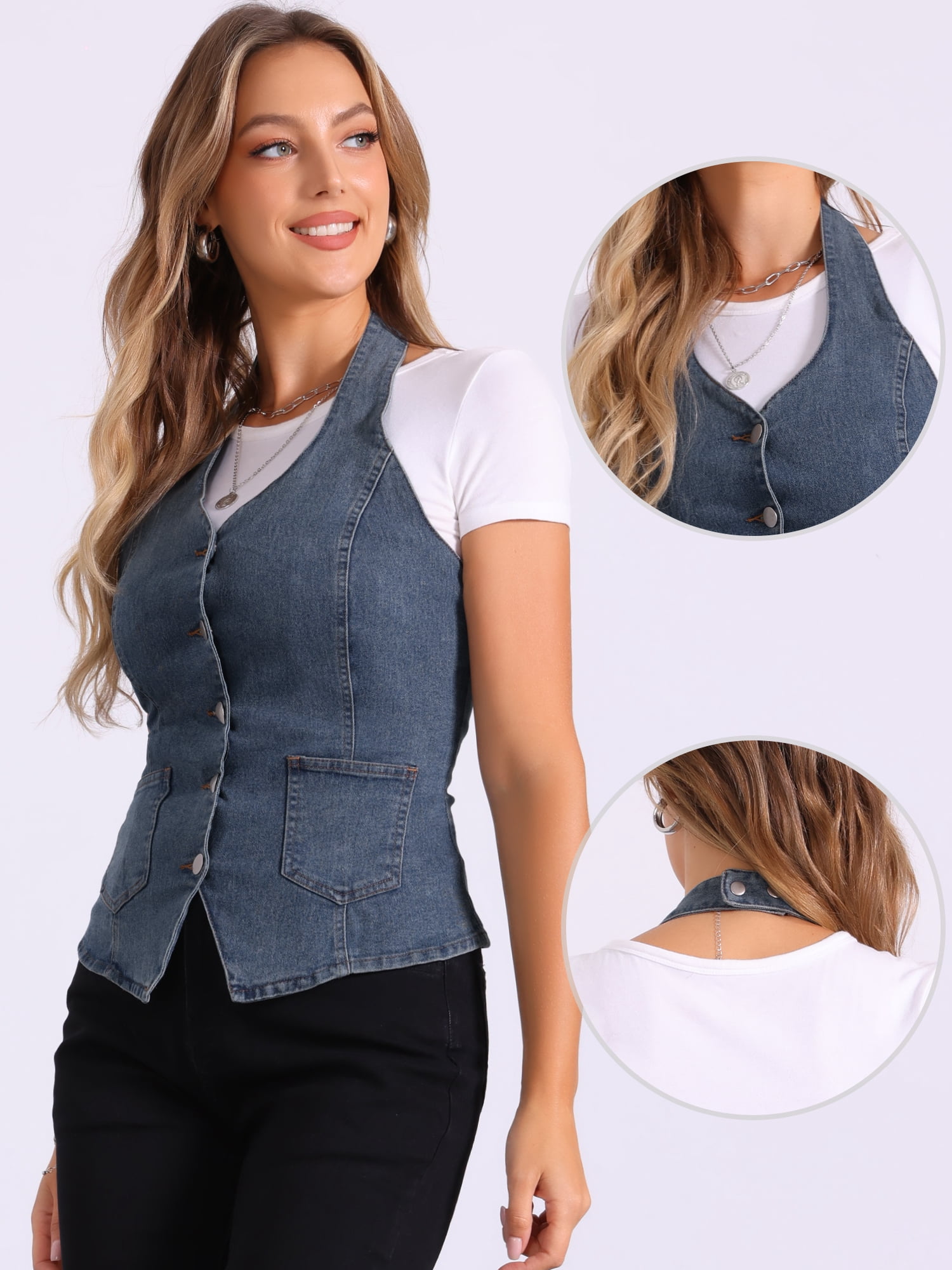 DARING DIVA Women's Halter Neck Button Down Backless Jean Waistcoat XS Gray Blue