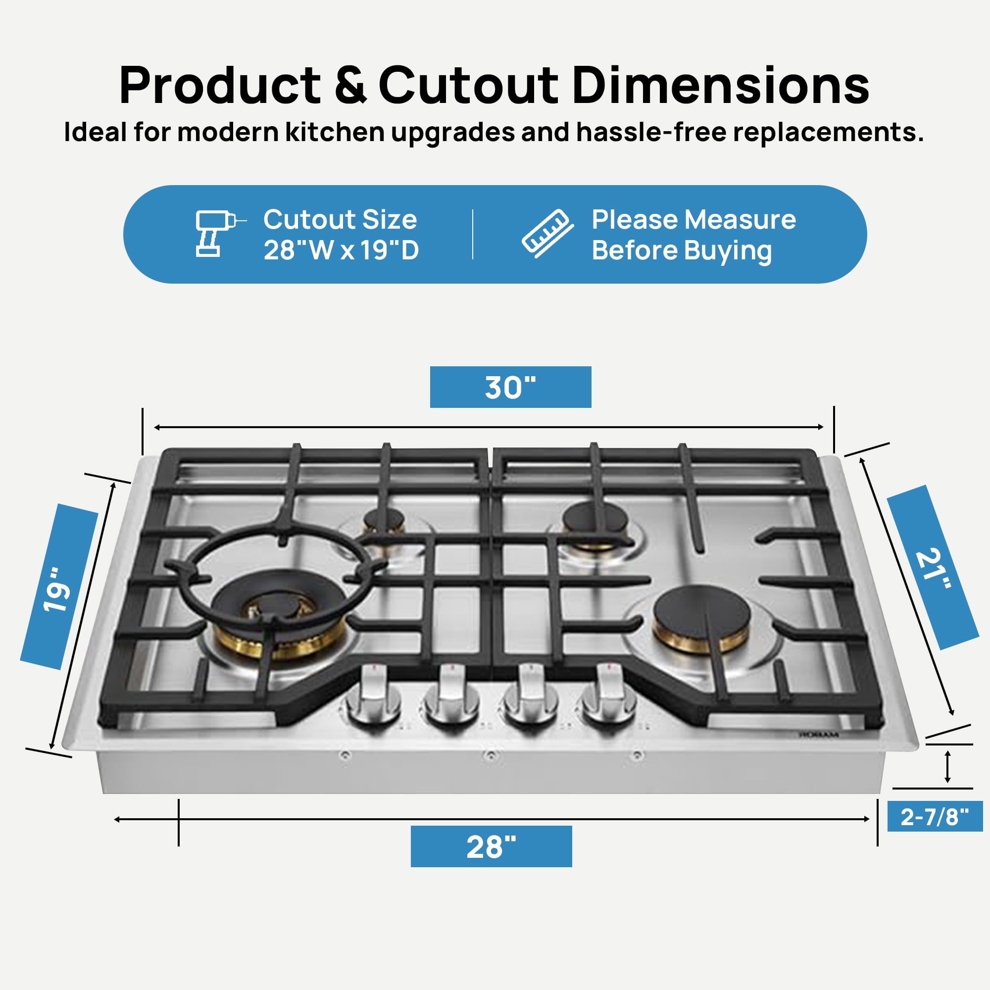 ROBAM 30" Gas Cooktop G413, 4 Made in Italy Brass Burners, 304 Stainless Steel Built-in Gas Stove, 20,000 BTUs Power Burner, Dual Fuel NG/LPG Convertible, Flame Failure Protection