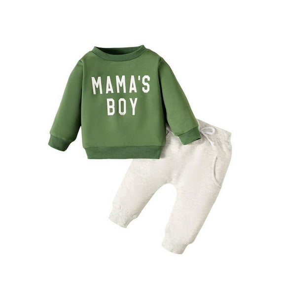 Newborn Baby Boy "Mama's Boy" Letter Printed Green Long Sleeved Top and Gray Pants Set 2PCs Fall Winter Infant Outfits