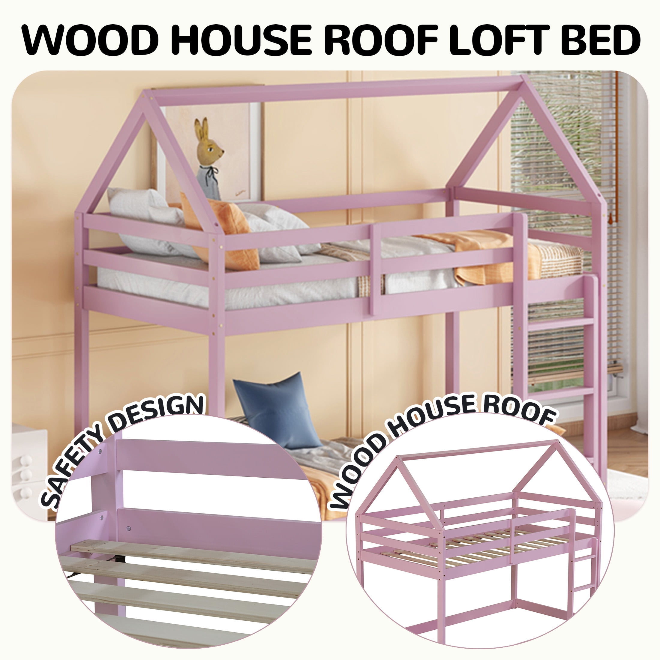 Aukfa Bunk Bed Twin Over Twin, Junior Wooden Floor House Bunk Bed Frame for Kids Boys Girls, Pink