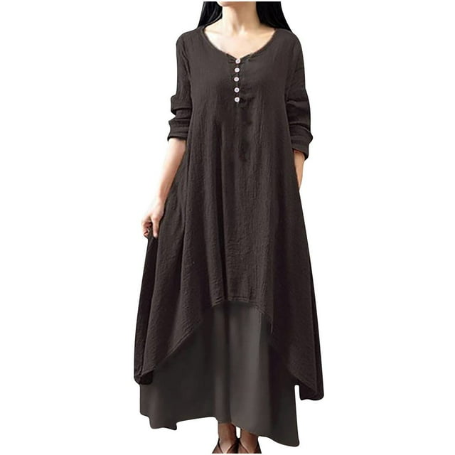 CHUANK Robes d'Été Grande Taille pour Femmes à Manches Longues en Coton et Lin Décontractées Amples Unies Irrégulières Robe Maxi pour Femmes