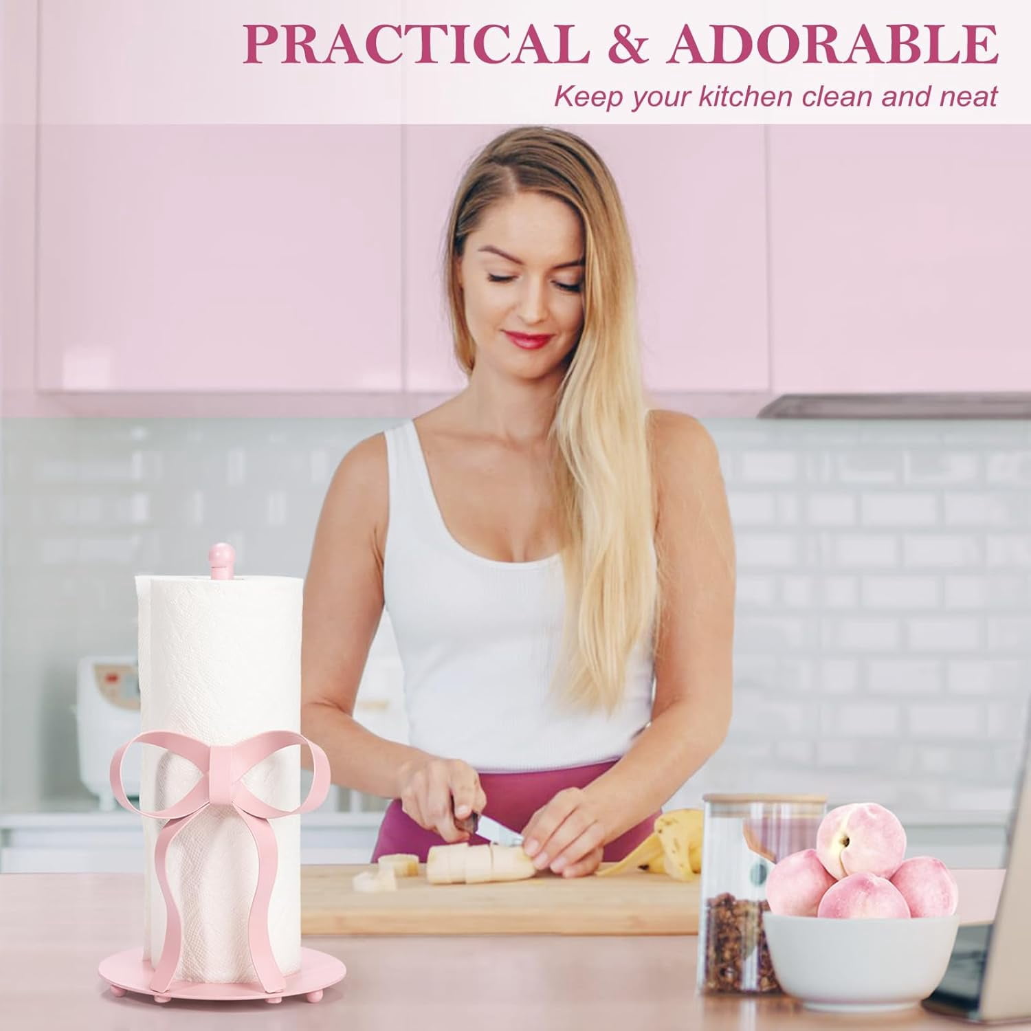 ThrottleT - Pink Bow Paper Towel Holder Coutertop - Bow Accent Paper Towel Holder, Pink Kitchen Decor and Accessories, Coquette Room Decor Girly Gifts for Women, 3D Handmade Pattern, Weighted Base