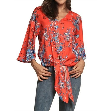 Floral Print Empire Tie Top - Women 3/4 Sleeve Floral Print Blouse Tie Front Tops