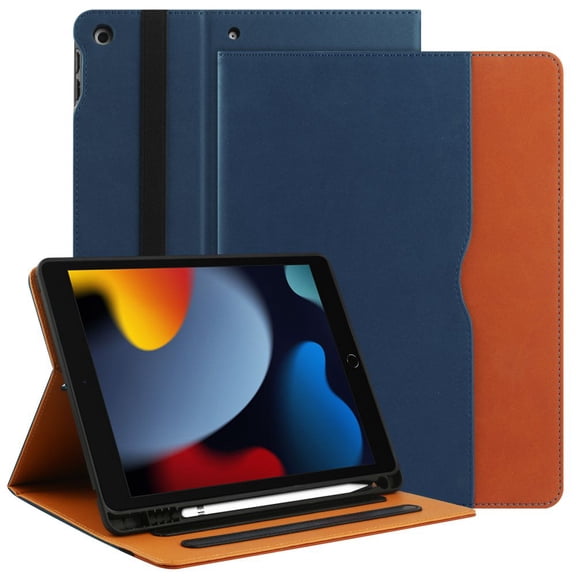 Pad 9th/8th/7th Generation Case 2021/2020/2019 iPad 10.2 Inch Case with Built-in Pencil Holder, Folio Stand Cover with Multiple Angles & Auto Sleep/Wake for iPad 10.2 Inch 9/8/7 Gen, Navy Blue/Brown