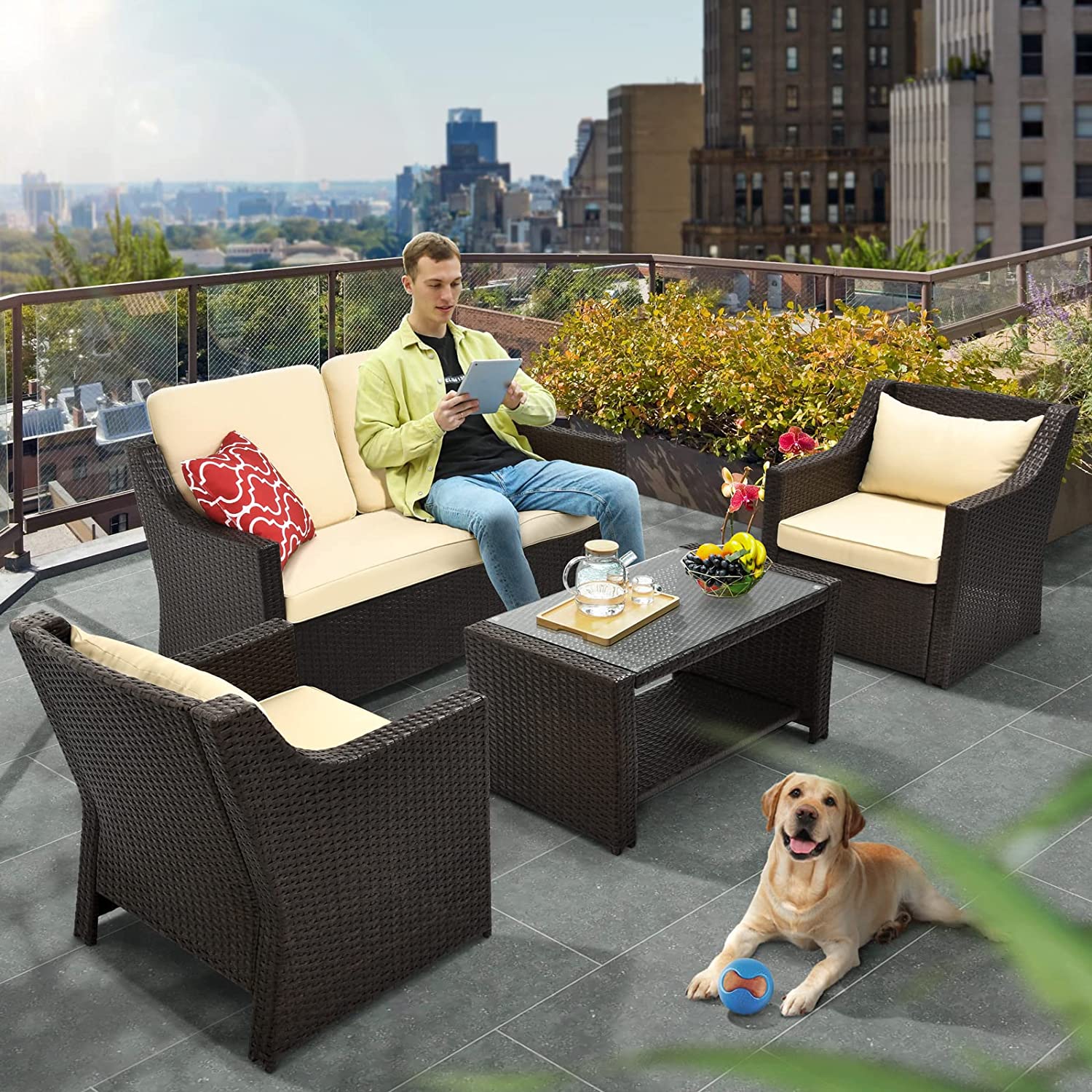 YITAHOME Patio Furniture Set 4 Pieces Outdoor Conversation Sets Rattan