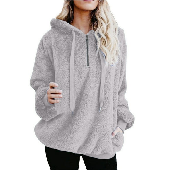 jsaierl Sherpa Hoodies for Women Quarter Zip Pullover Long Sleeve Fleece Hooded Sweatshirt Casual Winter Warm Sweater with Pocket