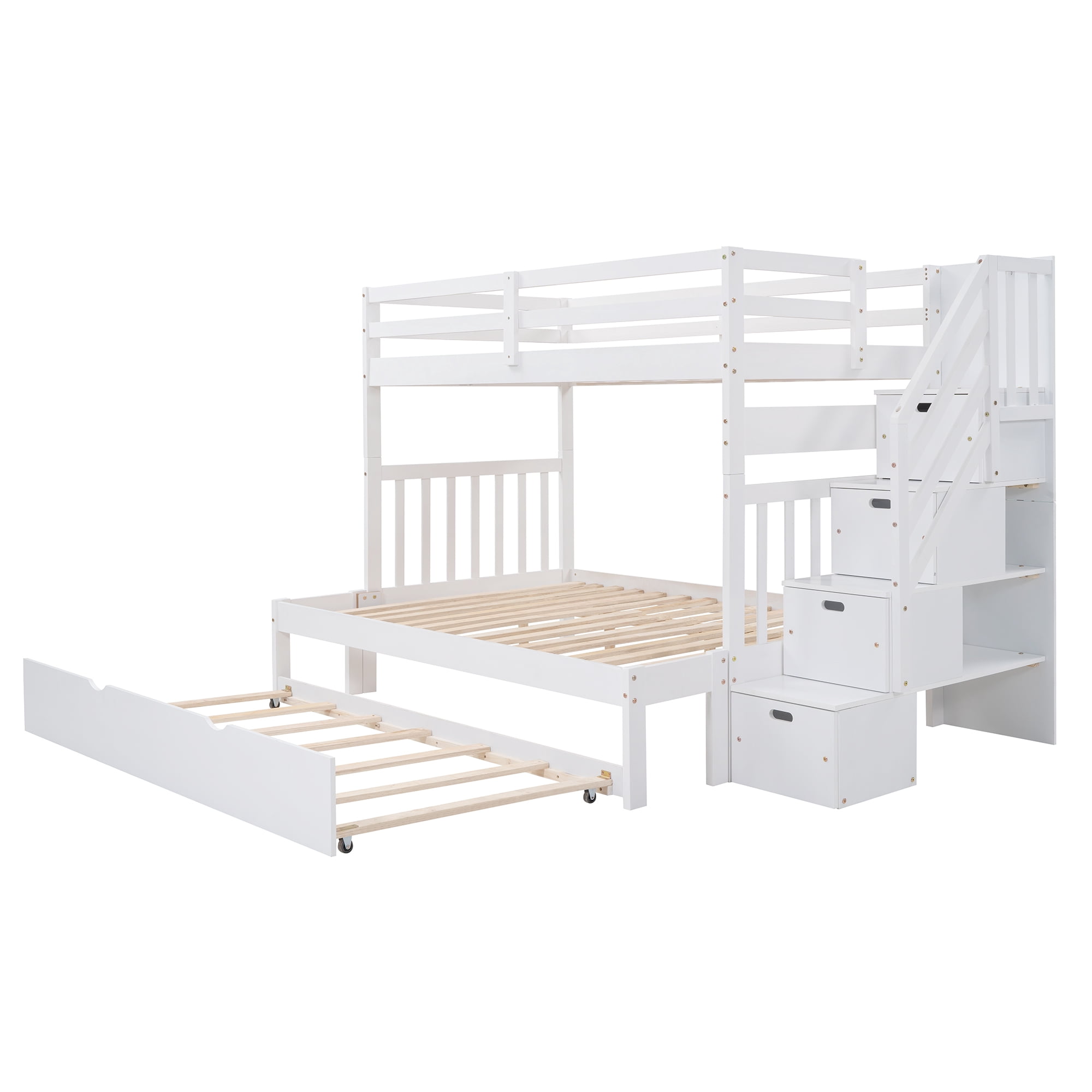 Aukfa Twin Over Full Bunk Bed with Trundle Bed, Wood Storage Stairway Bunk Bed with Drawer and Cabinet for Kids Bedroom - White