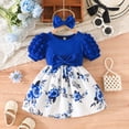 thumbnail image 5 of LYHaoo Floral Print Girls Dress With Bow And Puff Sleeves For Summer Casual Party Occasions，Girls A Line Dresses Sizes 9-12 Months Blue, 5 of 7