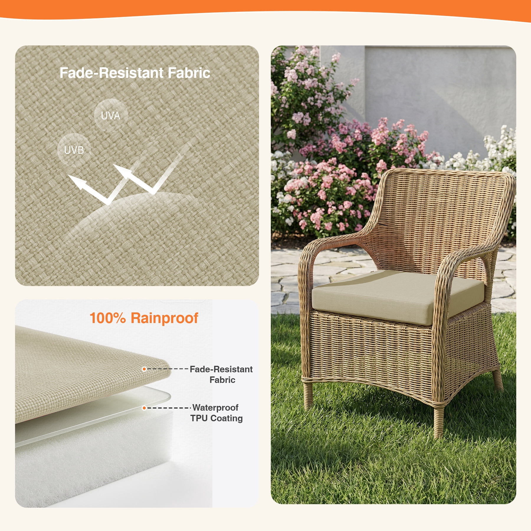 Favoyard Outdoor Cushion Set of 2, Rainproof & 3-Year Fade Resistant Patio Furniture Cushions with Removable Cover and Adjustable Ties for Garden