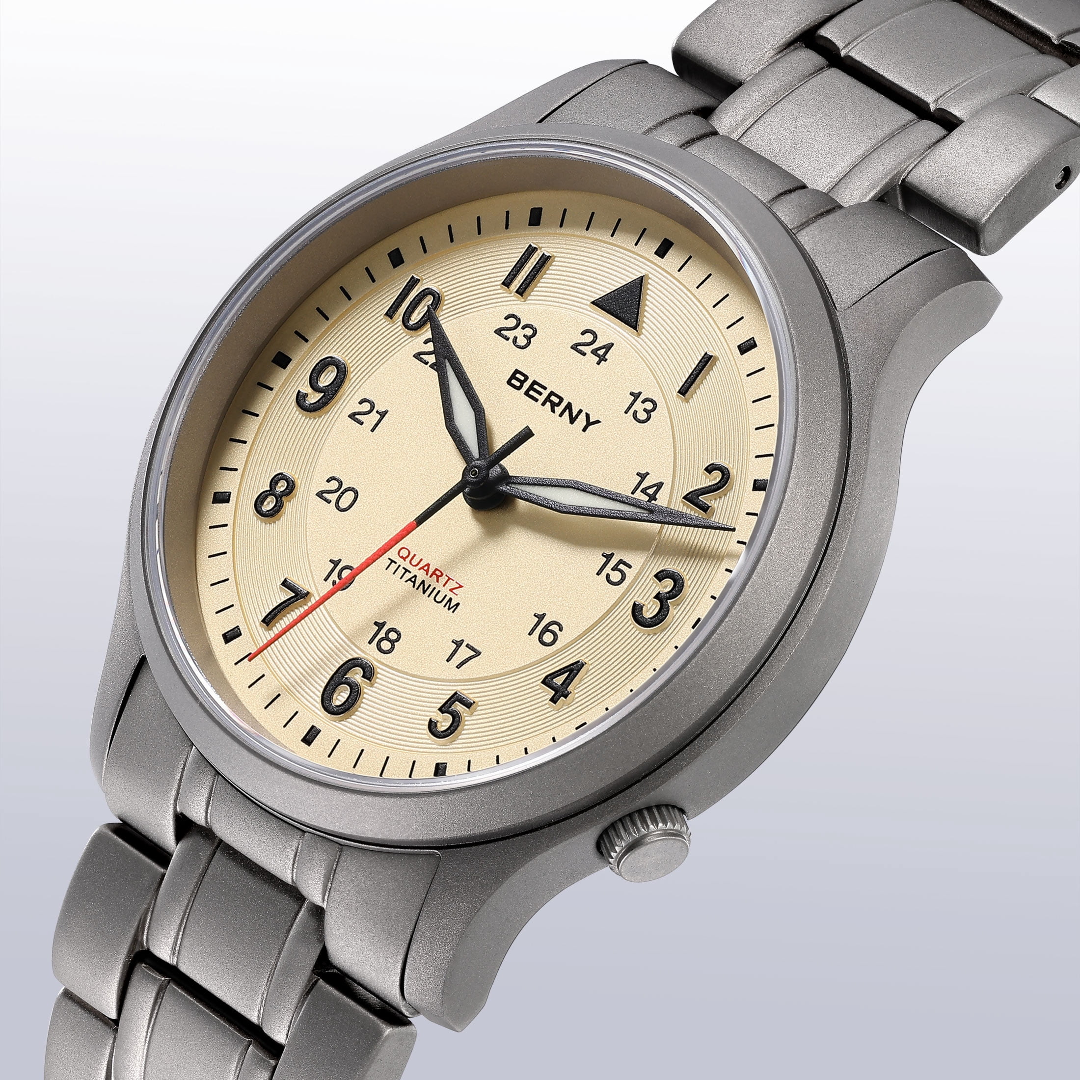 BERNY Titanium Watches for Men, Japanese Quartz Movement Men's Field Watch, 5ATM Waterproof Military Wristwatch for Men, Analog Sport Watches with Super Luminous, Beige