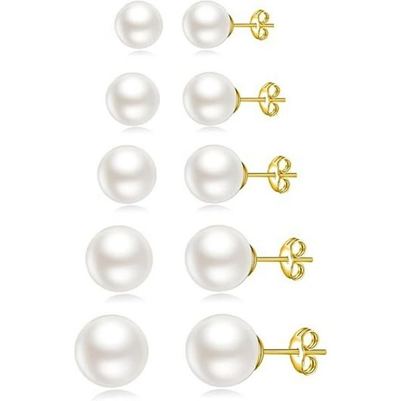 5 Pairs Stud Earrings for Women 14K Plated Gold Pearl Ball Small Stud Earrings Set Cartilage Piercing Hypoallergenic Lightweight Flatback Earrings Jewelry Gifts for Women