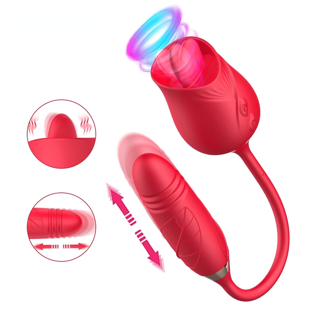 Rose Vibrator for Women, 2 in 1 Rose Vibrator with Tongue Licking and Sucking, Clit Stimulator Telescopic Vibration Sex Toys for Women Adults