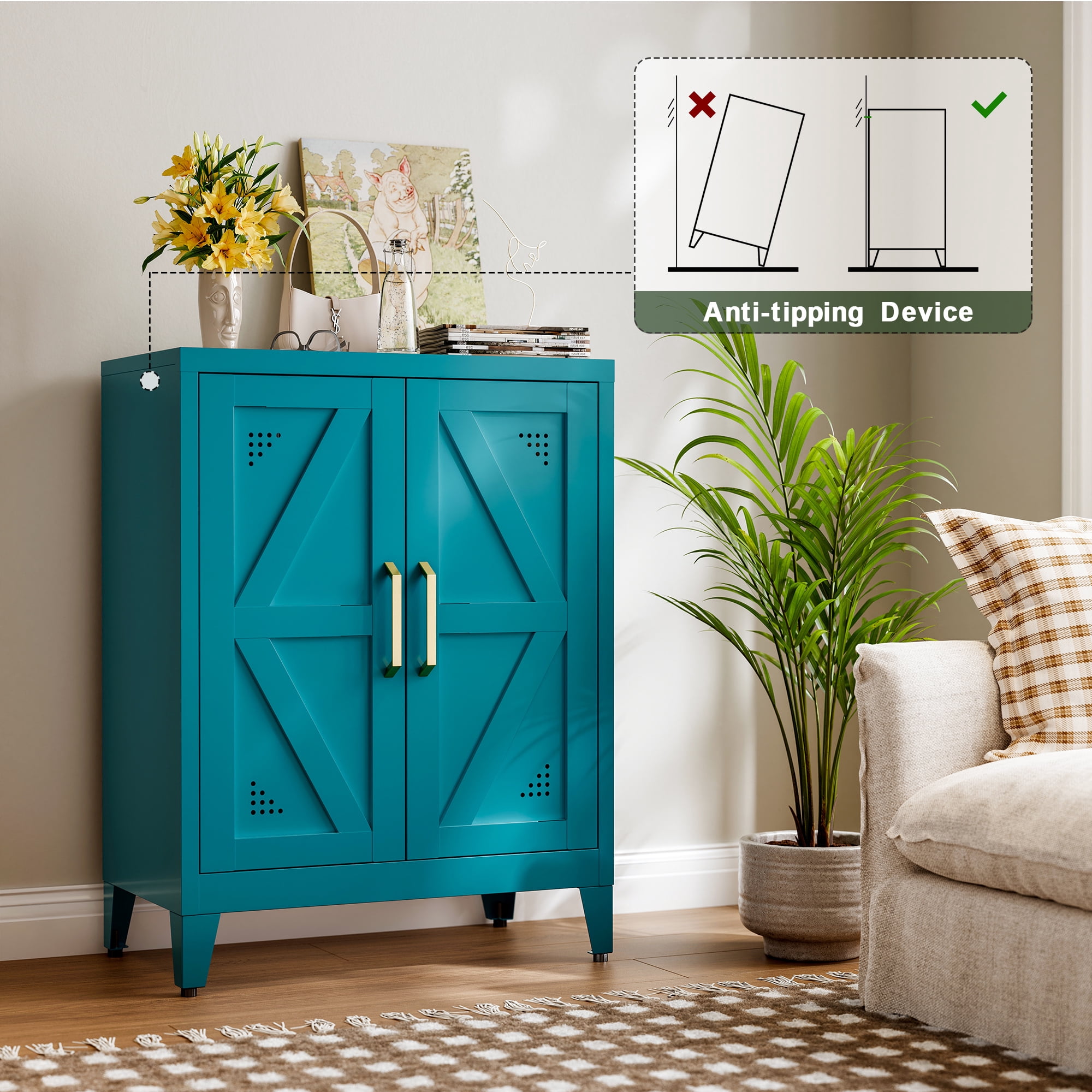 CXUZCZ Metal Buffet Cabinet, Bathroom Floor Storage Cabinet with 2 Adjustable Shelves, Freestanding Storage Sideboard for Entryway,Office, Restaurant, Living Room,11.8 x 23.6 x 31.5 Inches,Blue