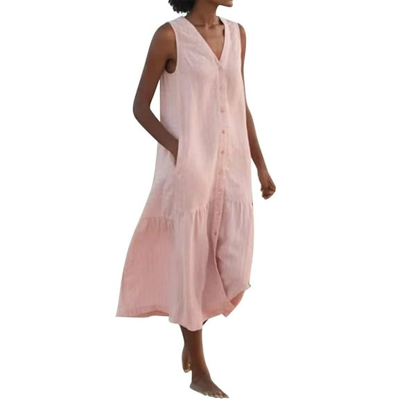 Pink Dresses for Women Solid Color Sleeveless Softy Dress Plus Size V-Neck Loose Fit Trendy Vacation Casual Dress Maxi Fashion Daily Gown Vest Sling Linin And Cotton Ruched Dress with Pocket,XL