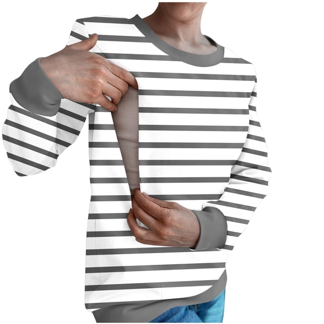 GreatBaby Hauts d'Automne Hiver pour Femmes Tendance à Manches Longues Col Rond Blouse d'Allaitement à Rayures Contrastées Chaude Confortable (Gris, P)