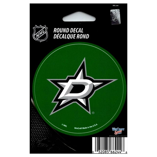 Dallas Stars 3-inch round Wincraft vinyl decal sticker featuring the team's logo in white and silver on a green background. Officially licensed for indoor and outdoor use, made by Wincraft. Packaged on a black backing with NHL branding.