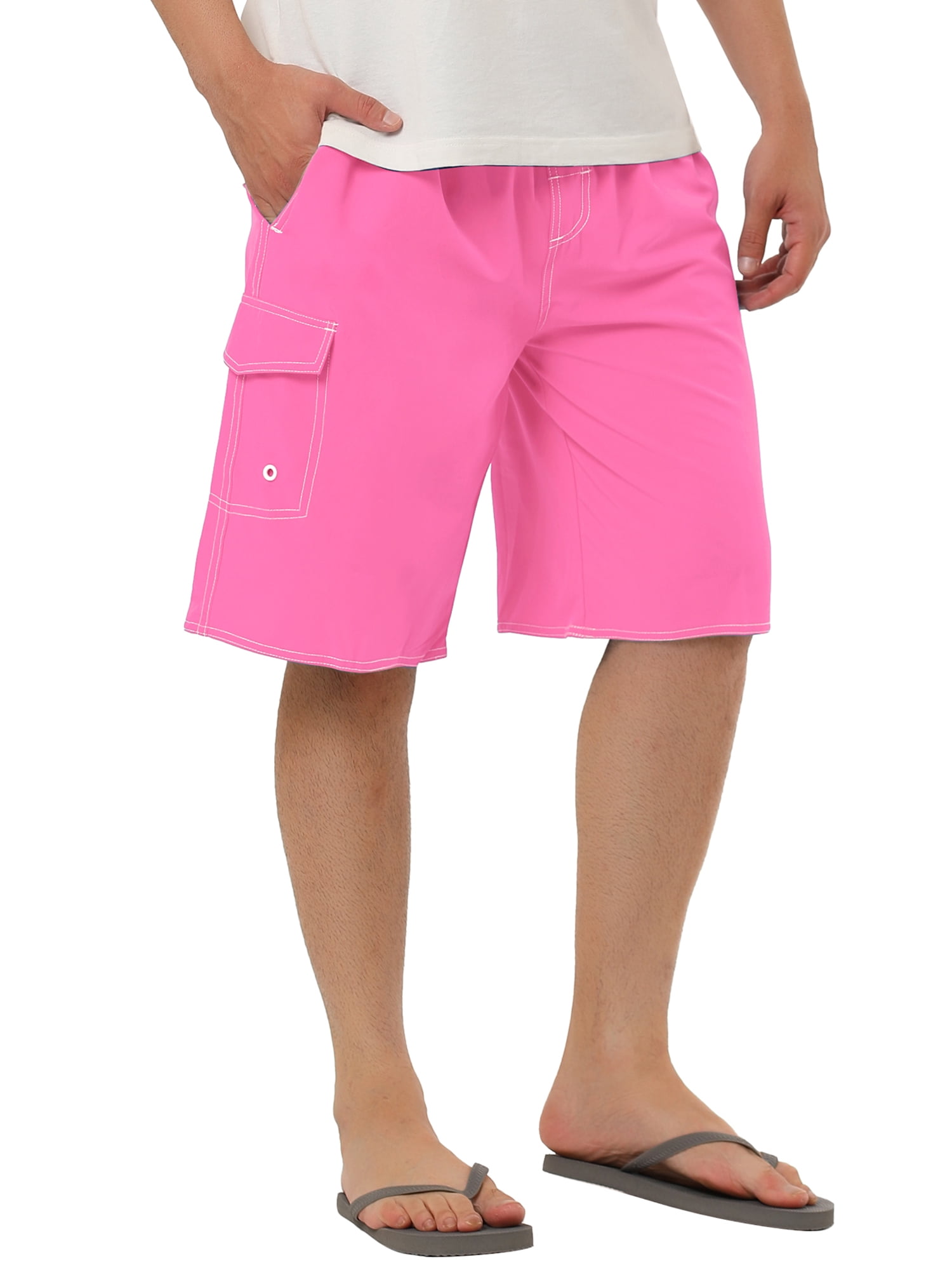Unique Bargains Men's Summer Solid Drawstring Elastic Waist Beach Pool Board Shorts 30 Pink