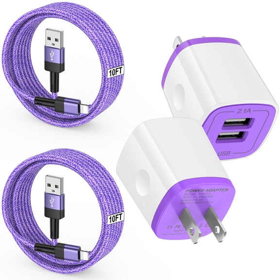 Zacenei USB Charger Block,2Pack 2.1A Dual USB Charging Block Station&2Pack iPhone Charger Cable 10ft Charging Cord USB Wall Charger Adapter Plug Fast Charging Cable Cords 10FT Compatible for iPhone14