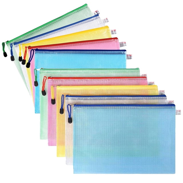 10 Pieces A4 Mesh Zipper Bags with Labels in 5 Color for Office and Travel with Mixed Colors and Thick Material in Large Capacity and Transparent Design for Easy Sorting