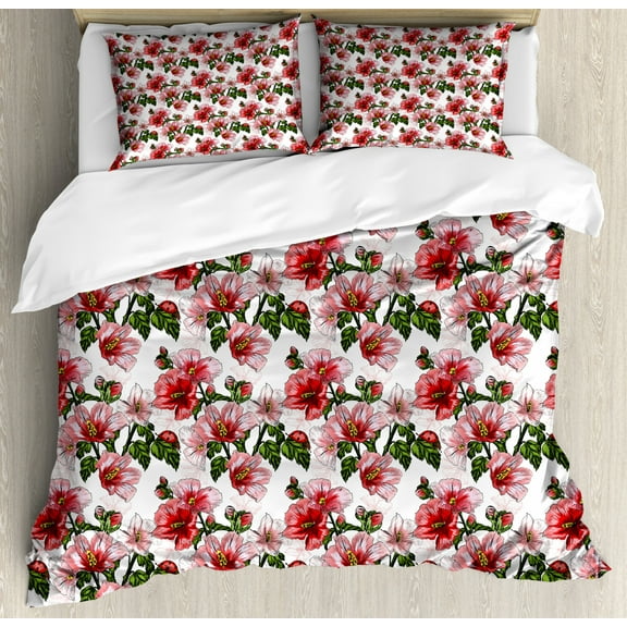 Ladybugs Duvet Cover Set King Size, Exotic Flowers Hibiscus Hawaiian Foliage Illustration Botany Spring Blossom, Decorative 3 Piece Bedding Set with 2 Pillow Shams, Red Coral Green, by Ambesonne