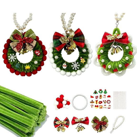 DIY Christmas Wreath Pendant Craft Kit, Handmade Mini Yarn Wreath Ornament Supplies with Bow, Bells and Pom-poms, Christmas Tree Hanging Decor Making Set