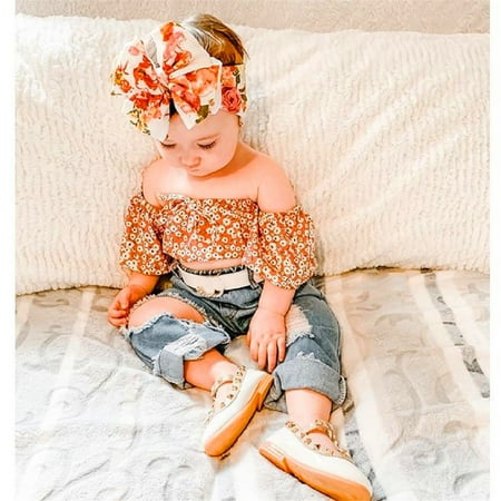 

Seyurigaoka Baby Summer Clothes Set Off Shoulder Crop Tops+Ripped Denim Pants