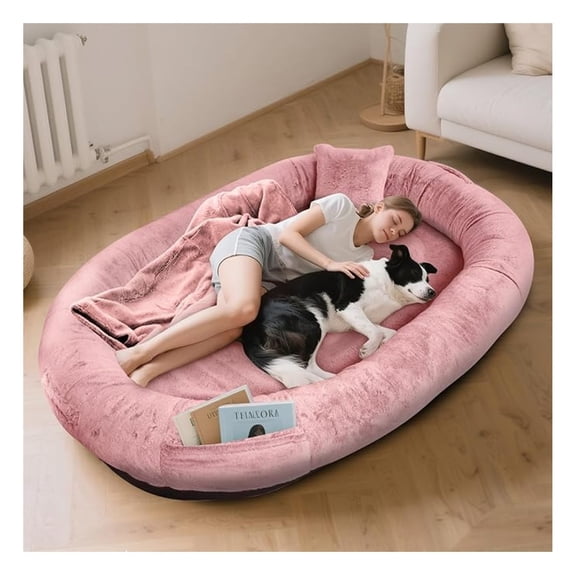 Human Dog Bed 71" x 45" x 14", Human-Sized Large Dog Bed Fits Adults and Pets, Washable Faux Fur Cover Giant Beanbag Bed, Napping Orthopedic Beds with Blanket and Pillow, Pink