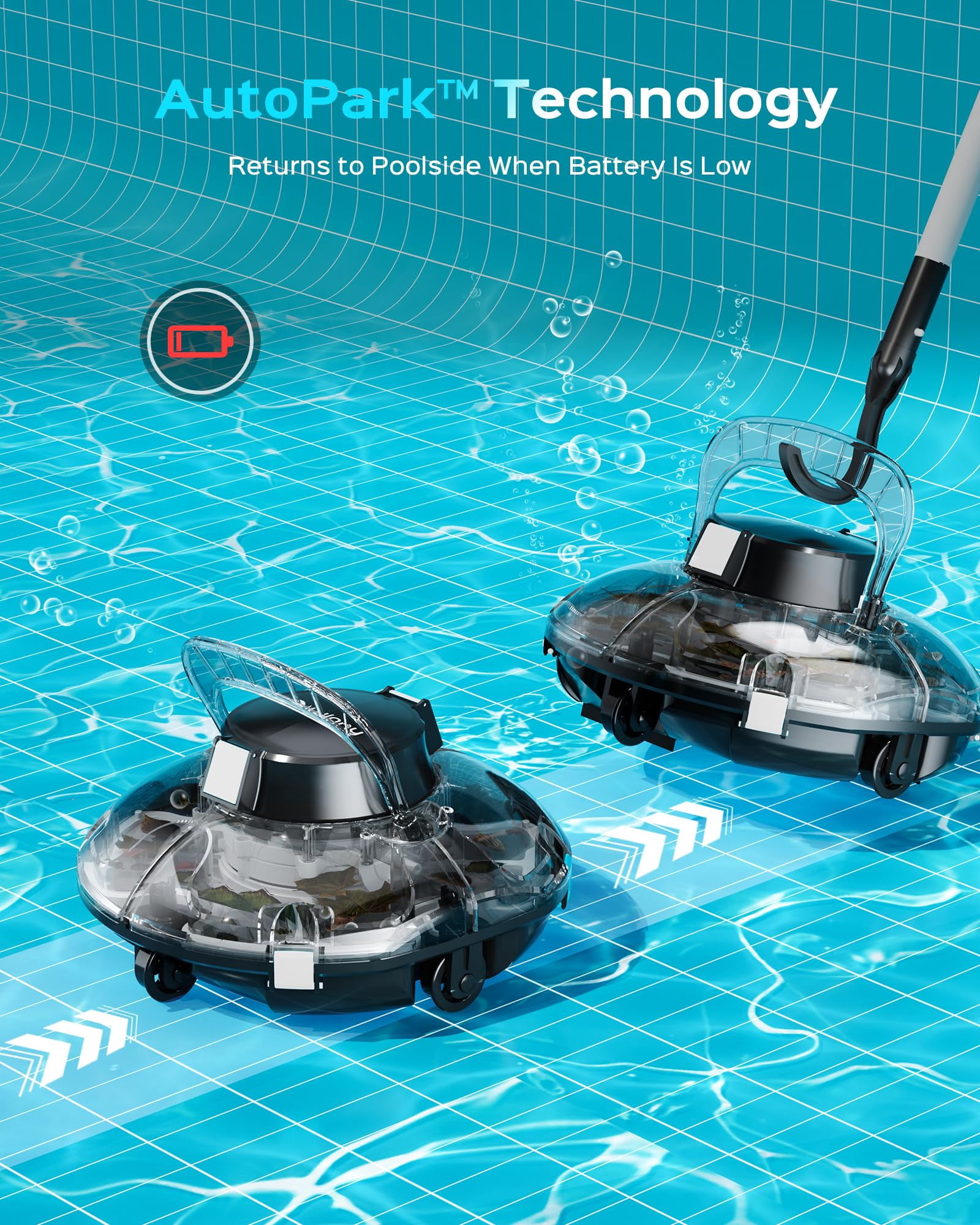 WYBOT Cordless Robotic Pool Cleaner, Lasts 80 Min, Automatic Vacuum for Above-Ground Pools up to 645 Sq.ft,Portable, Self-Parking, Transparent Black