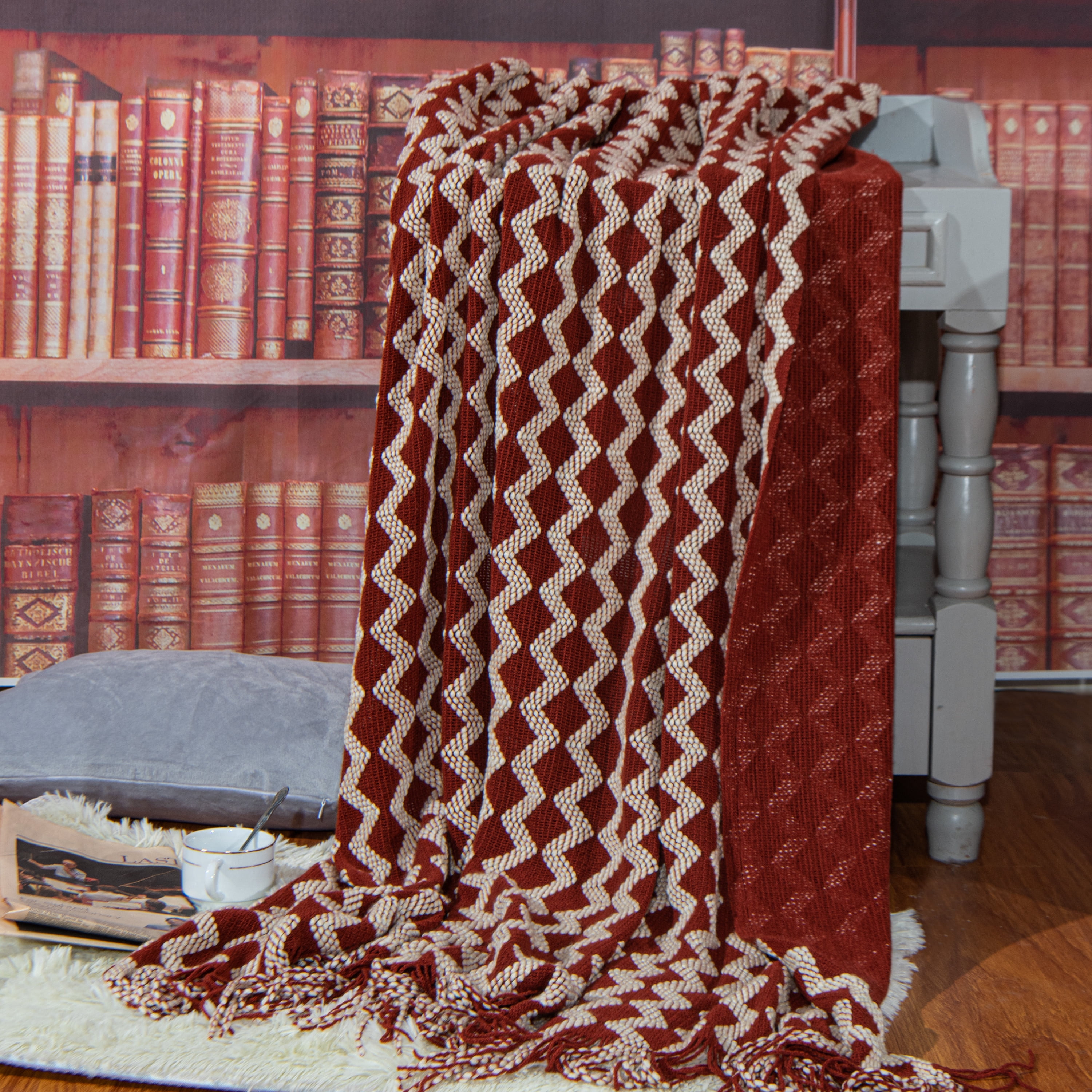Ntbay Acrylic Knitted Throw Blanket with 7" Tassels, Lightweight and Soft Cozy Decorative Woven Blanket for Travel, Couch, Bed, Sofa, 51" x 67", Red and White Wave