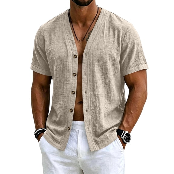 Sewkxo Men's Linen Shirts Short Sleeve Casual Shirts Button Down Shirt for Men Beach Summer Shirt,Khaki XL