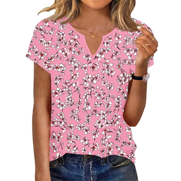 Short Sleeve T Shirts for Women Floral Printed V Neck Graphic Base Tees Loose Fit Casual Summer Tshirts (XL, Pink)