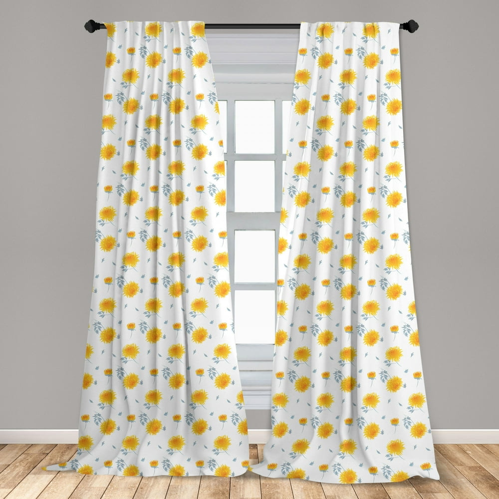 Yellow Flower Curtains 2 Panels Set, Seasonal Autumn Florets