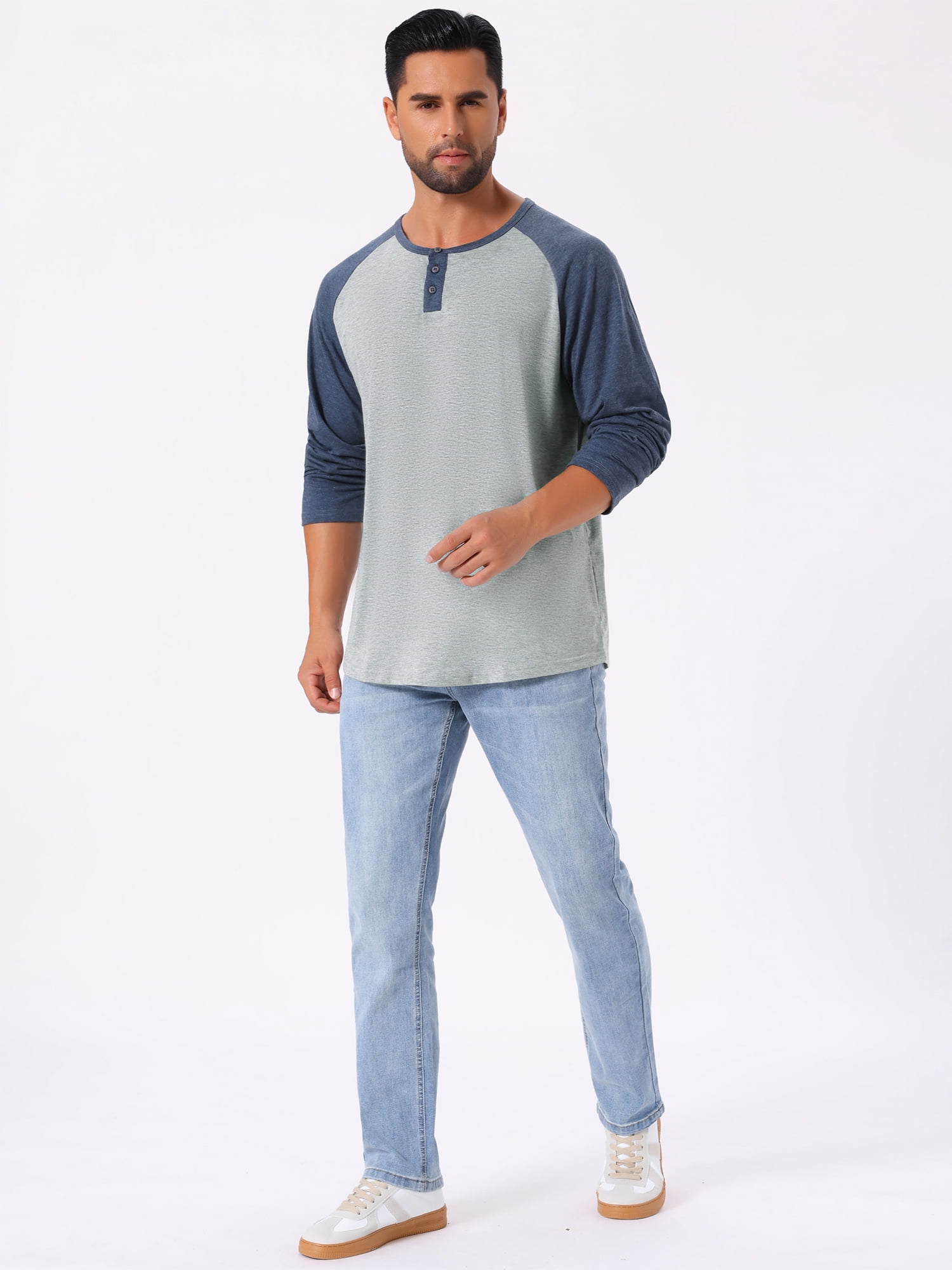 DARING DIVA Men's Raglan Long Sleeve Tee Shirt Baseball Henley T-Shirts 2XL Gray Navy