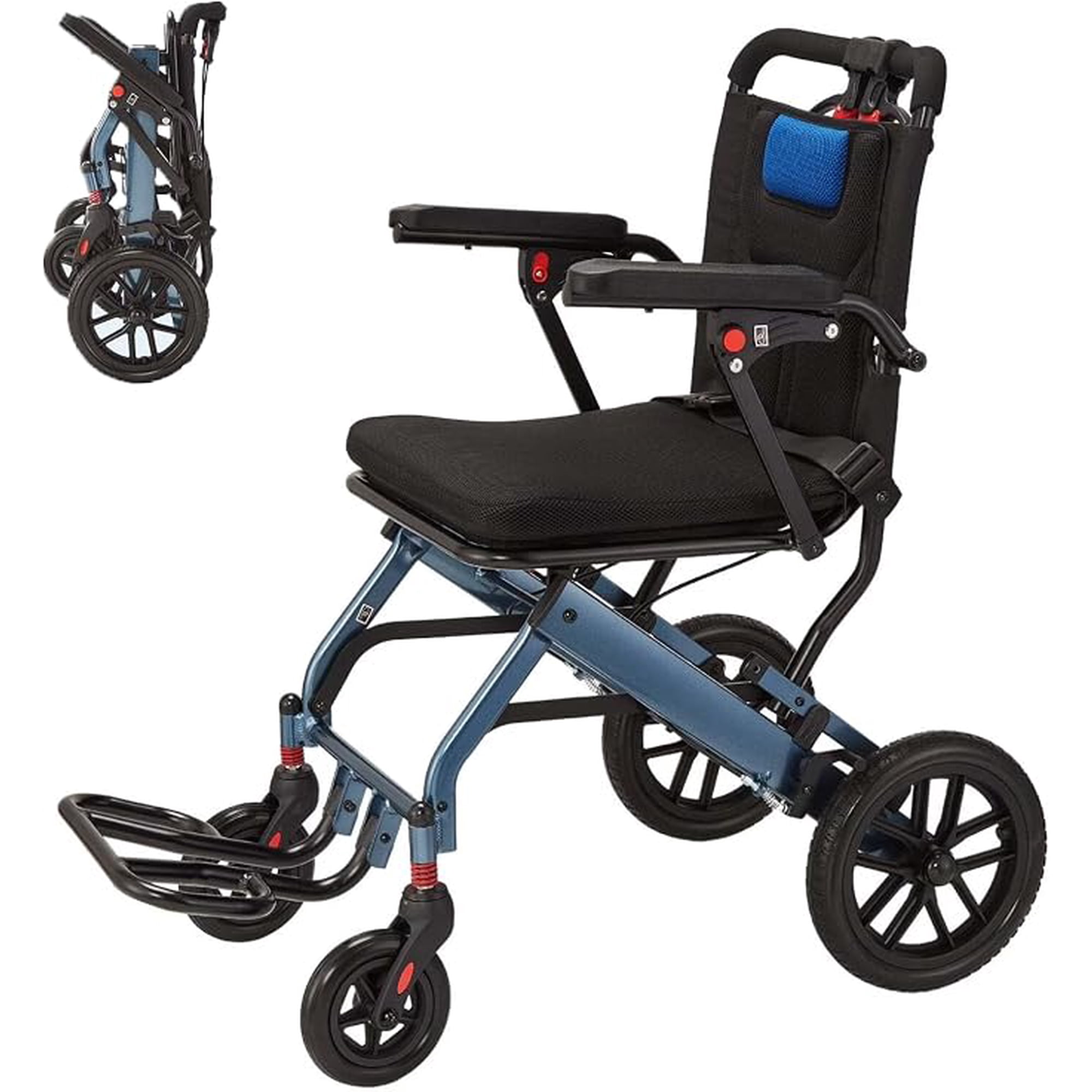 Lightweight Elderly Transport Wheelchair Folding, Portable Travel Chair with Locking Handbrake & Shock Absorbing 10" Rear Wheels, Removable Flip Armrests, Swinging Footrests, Wide Aviation Frame