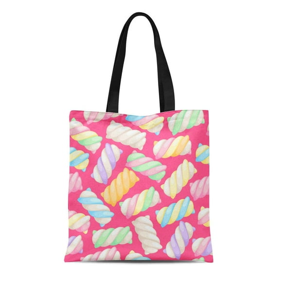 NUDECOR Canvas Tote Bag Colorful Marshmallow Twists Pastel Colored Sweet Chewy Candies Green Reusable Shoulder Grocery Shopping Bags Handbag