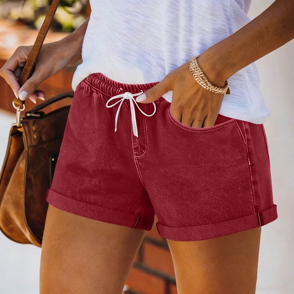 Cagogo Women Elastic Waist Flowy Shorts Summer Casual Loose Solid Basic Vacation Beach Shorts Regular Fit Lounge Pants for Women with Pockets Beachwear Clothes, Red M